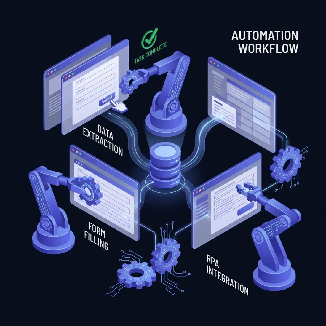 Automation workflow diagram showing data extraction, form filling and RPA integration around a central data store