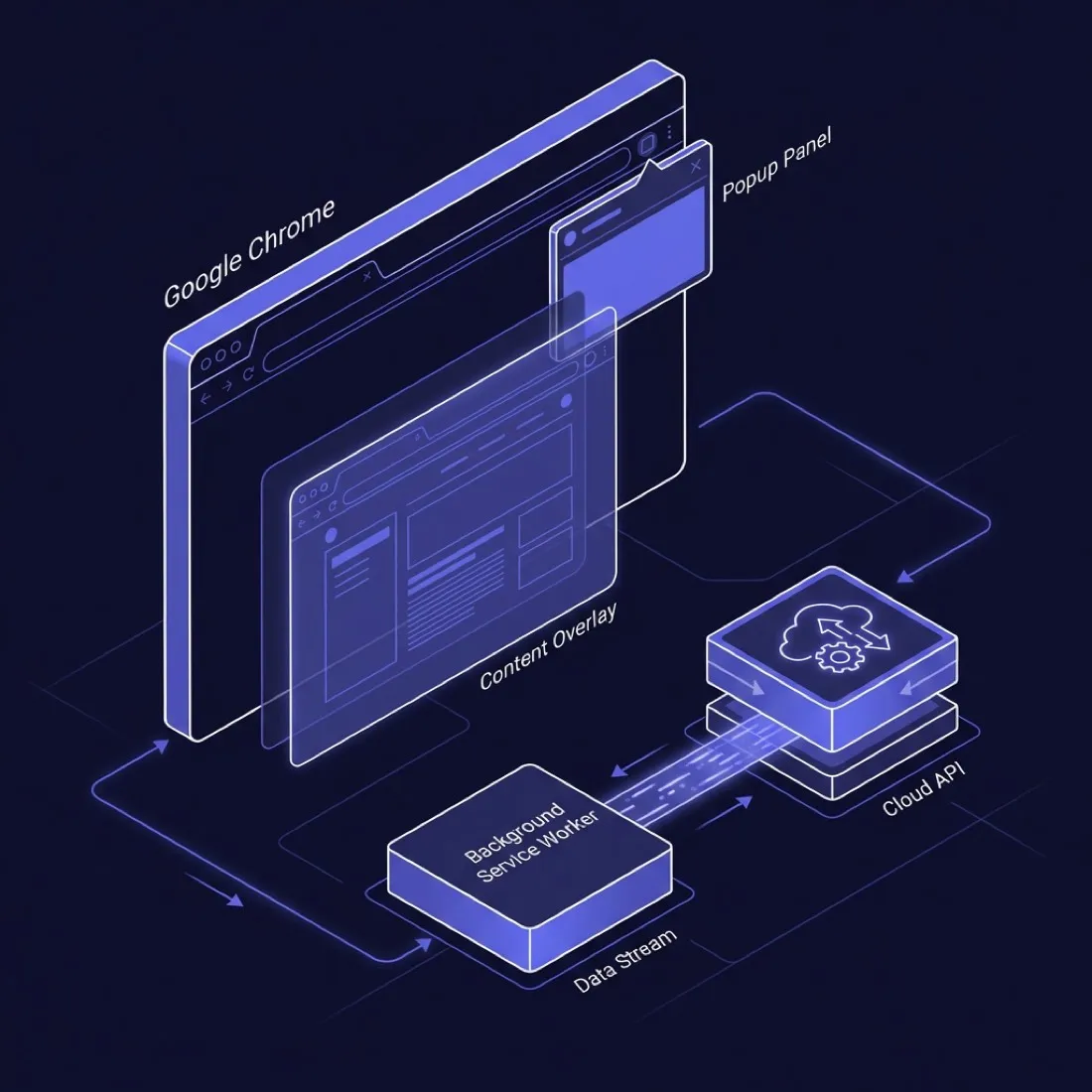 Isometric diagram of a Chrome extension: popup panel and content overlay in the browser, a background service worker, and a cloud API