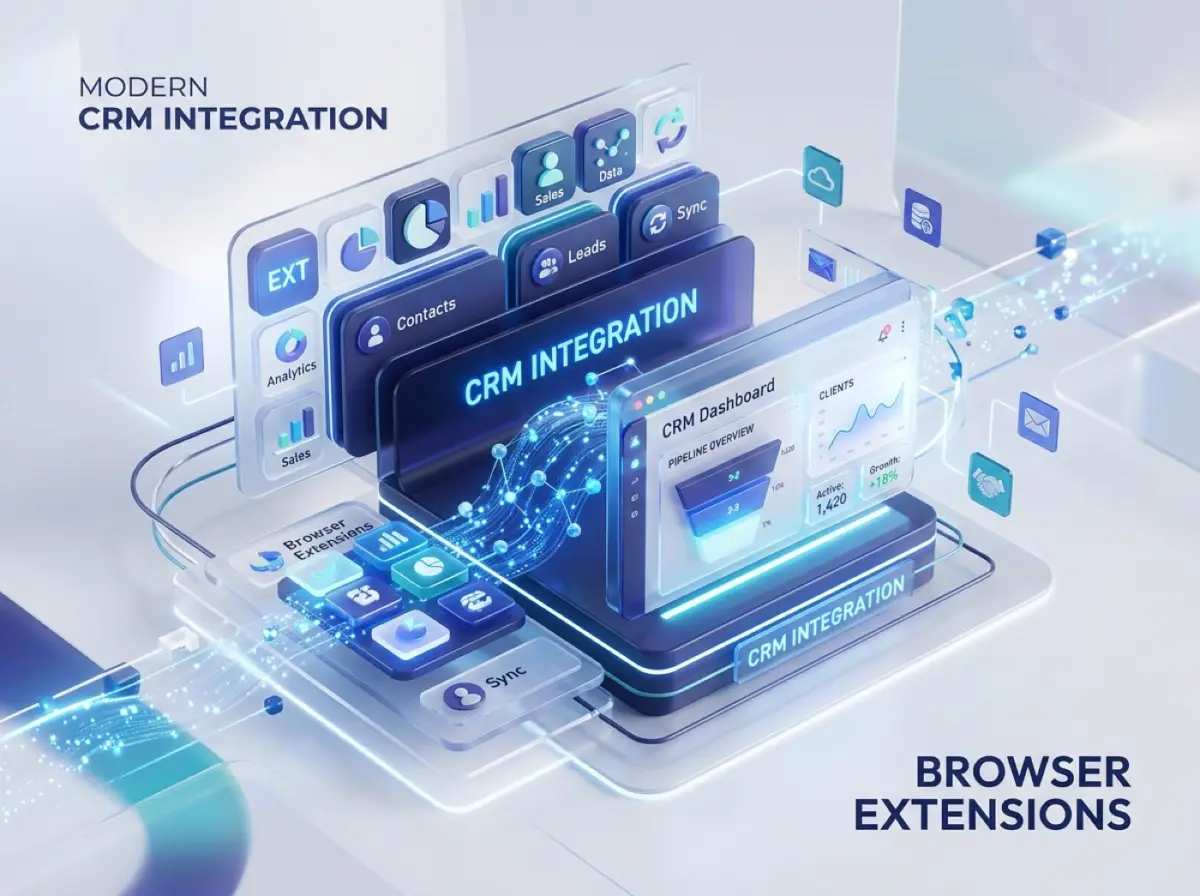 Chrome extension panel injected into a CRM workflow across browser tabs