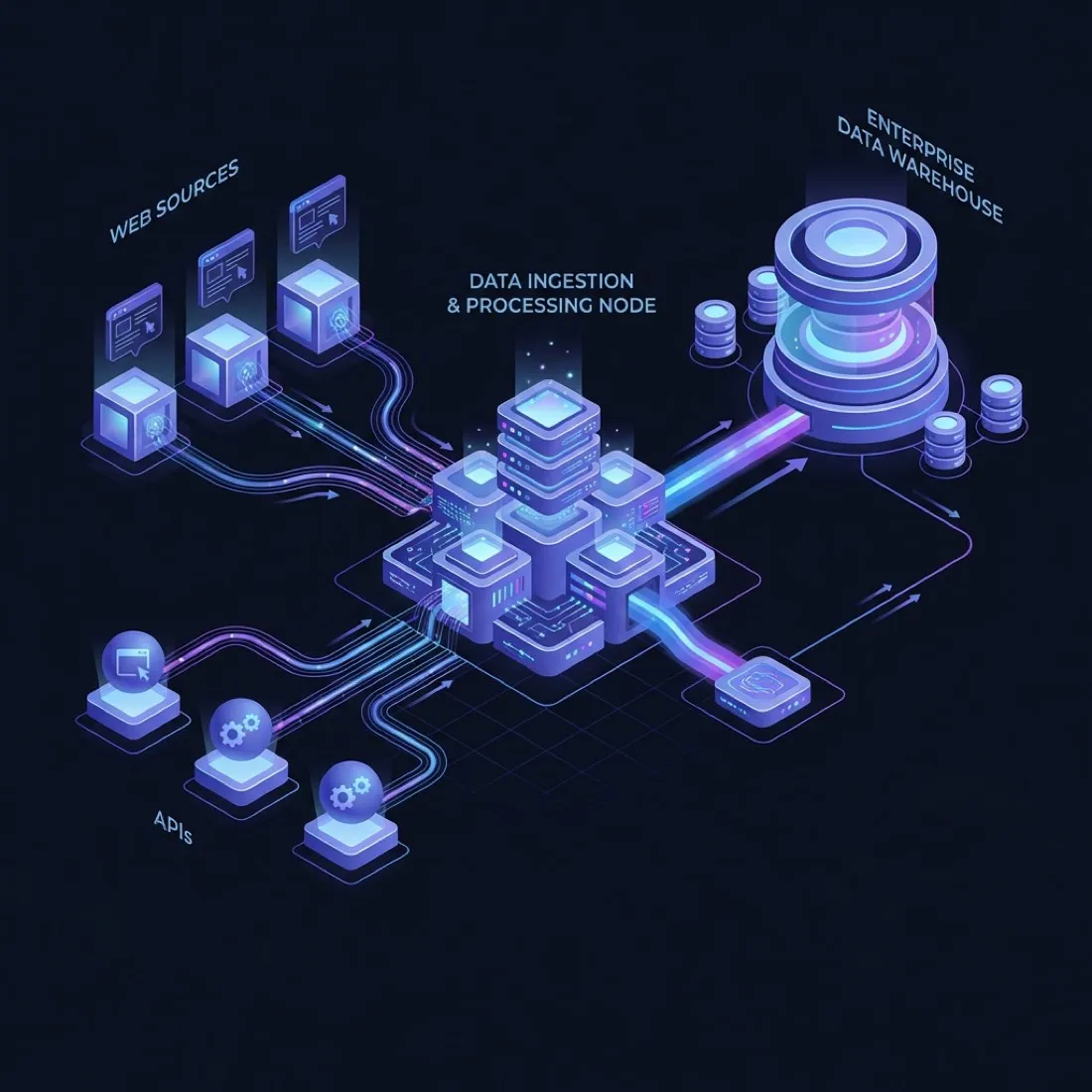 Isometric diagram of web sources and APIs feeding a data ingestion and processing node, which writes to an enterprise data warehouse