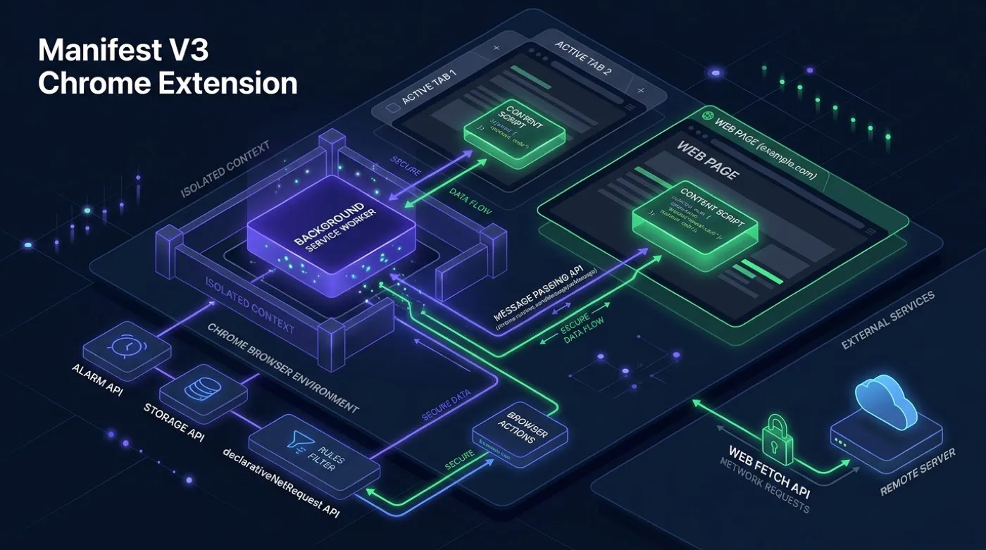 Manifest V3 architecture with a background service worker, content scripts and isolated storage