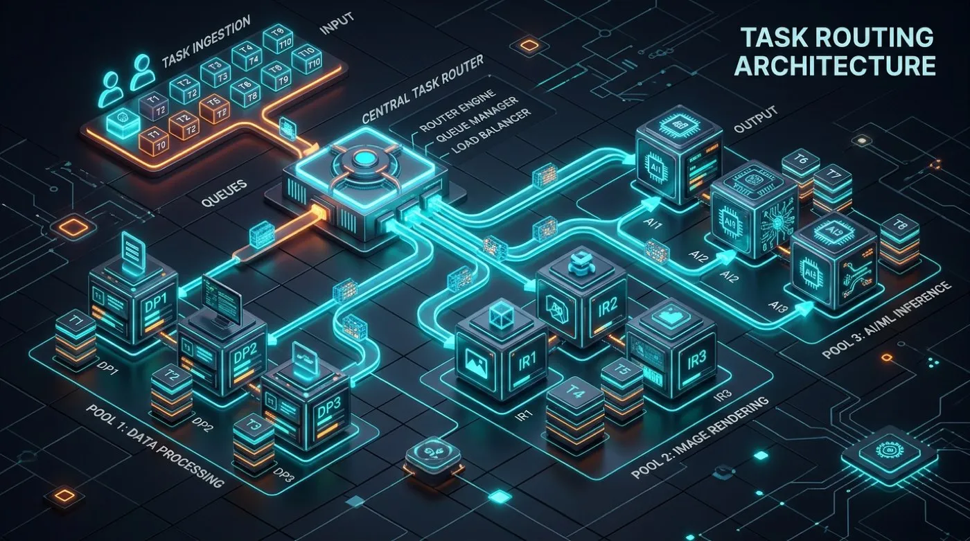 Queue architecture: an ingress router distributing tasks to separate worker pools