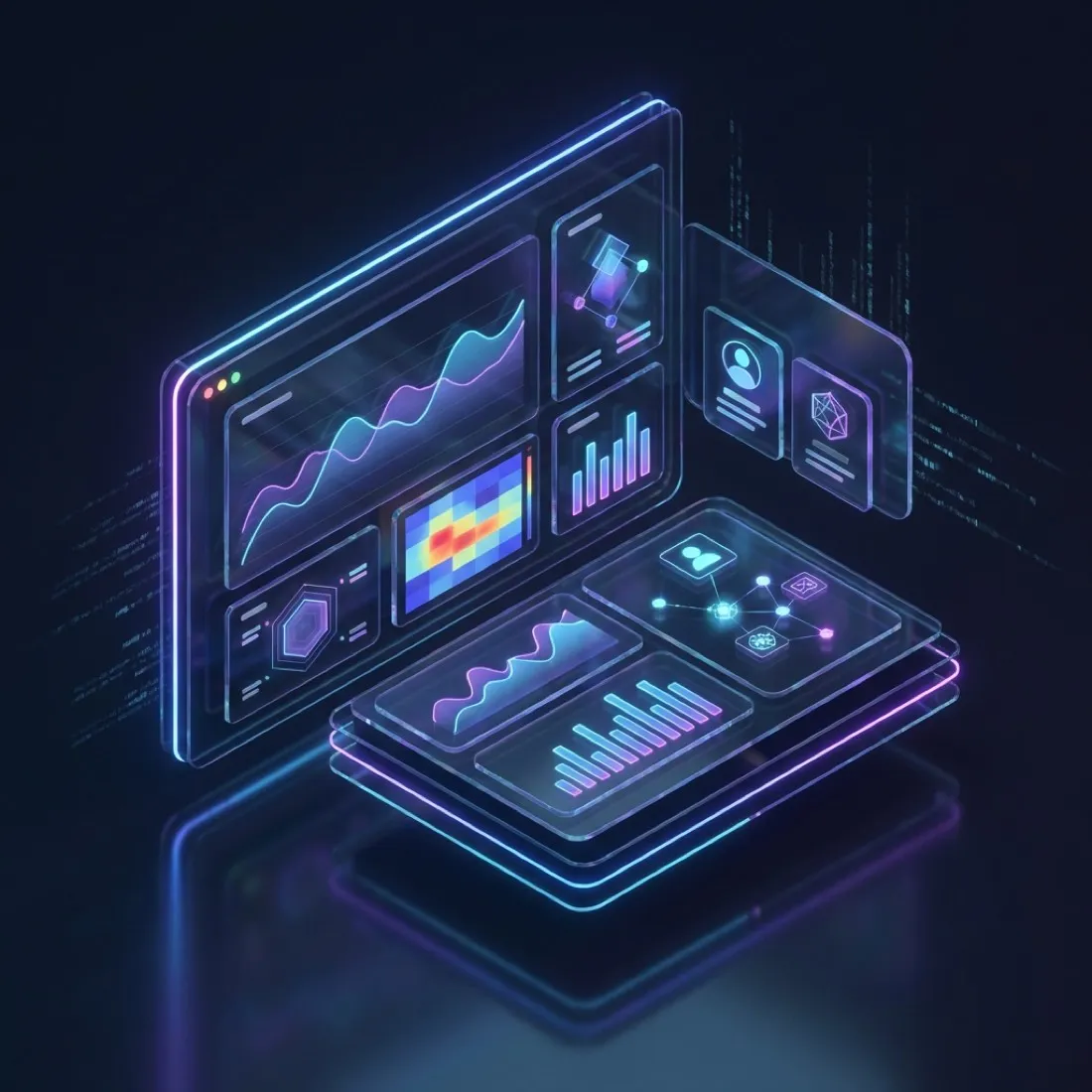 Layered analytics dashboard interface with trend charts, a heatmap and linked record panels